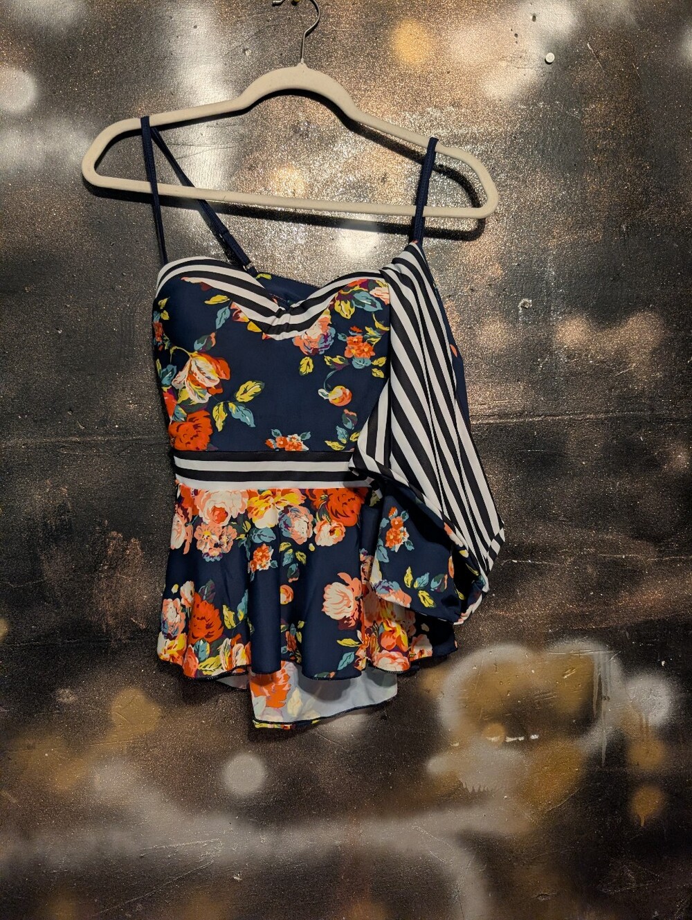 Floral Navy Peplum Tankini Top with Stripe Accent - Picture 1 of 10